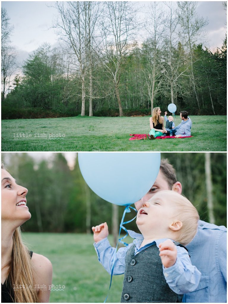 1 year old boy with family plays with balloon - Bainbridge Island Lifestyle Family Photographer