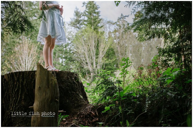 girl standing on old tree stump - Poulsbo storytelling photographer