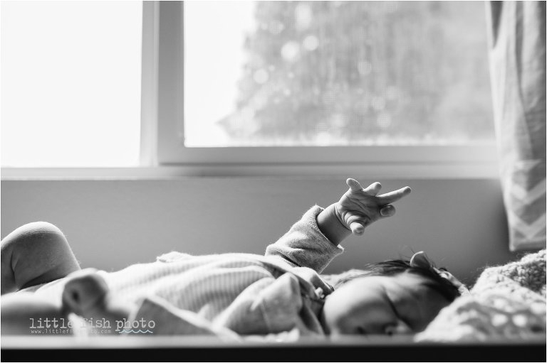 new baby stretches hand - Bremerton Lifestyle Newborn Photographer