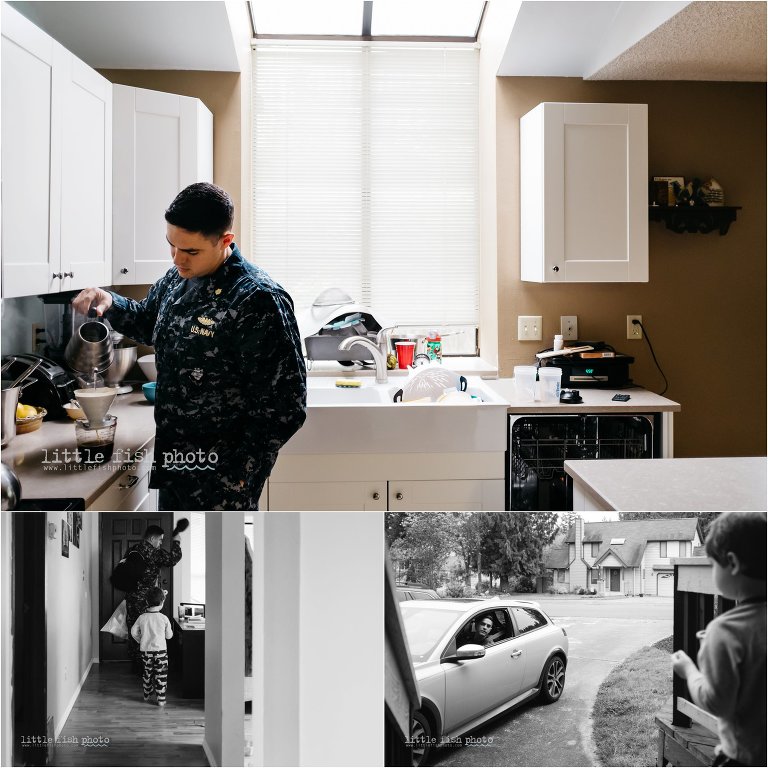 Father makes coffee and leaves for work - Poulsbo Documentary Family Photographer